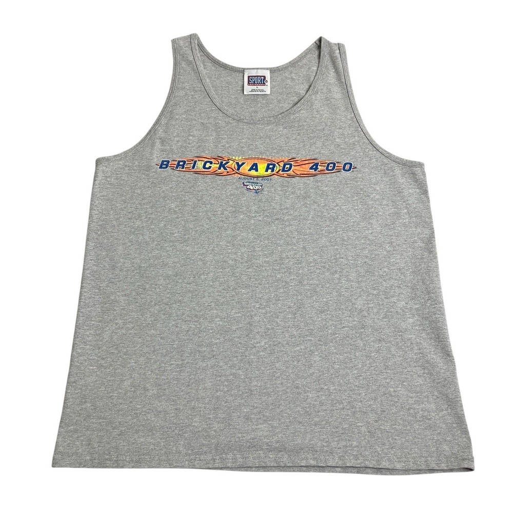 Vintage 2001 Brickyard 400 NASCAR Tank Top Mens L Gray Sport Attack Y2K Muscle